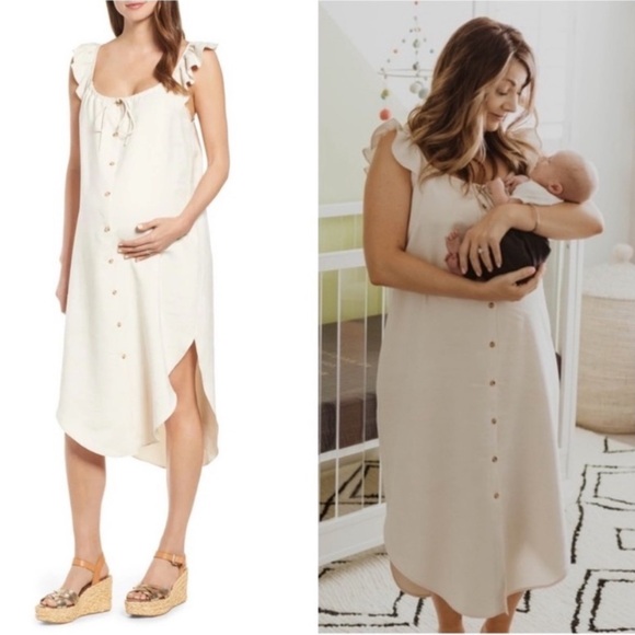 Hatch Dresses & Skirts - HATCH Jenna Maternity Beige Ruffle Button Front Midi Dress